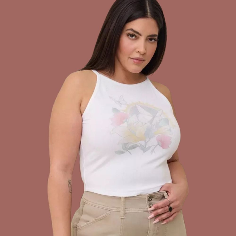 6X 30W Torrid White Floral Butterfly Everyday Rib Goddess Neck Crop Tank Tattoo